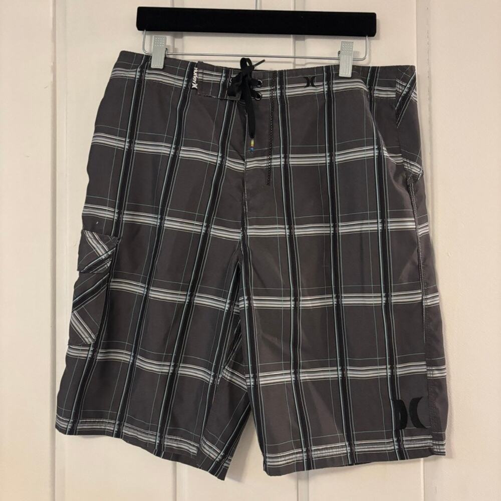 Hurley Mens Board Shorts Size 32 Gray Plaid Swim Trunks Surf